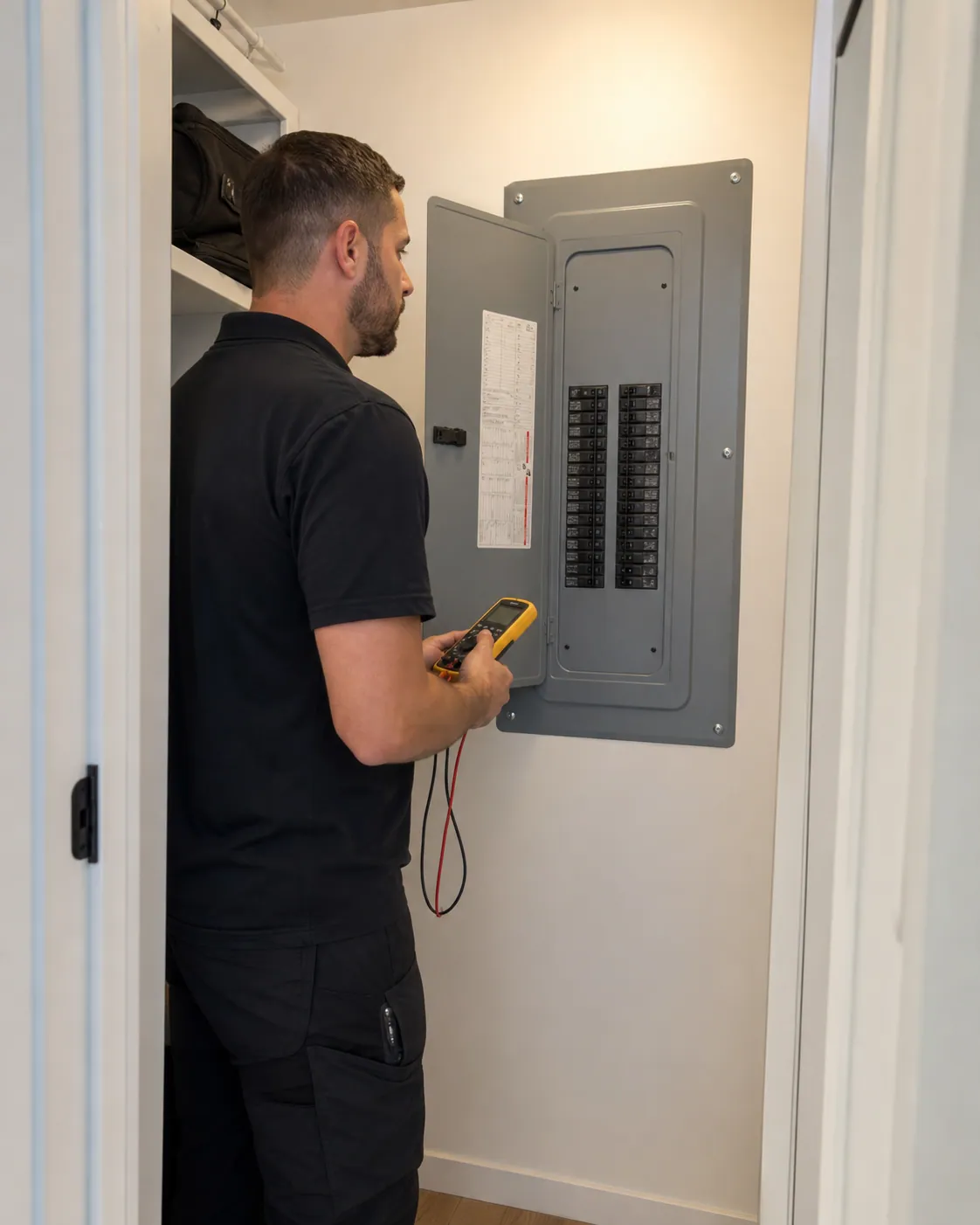 Electrician assessing a modern residential breaker panel with a multimeter