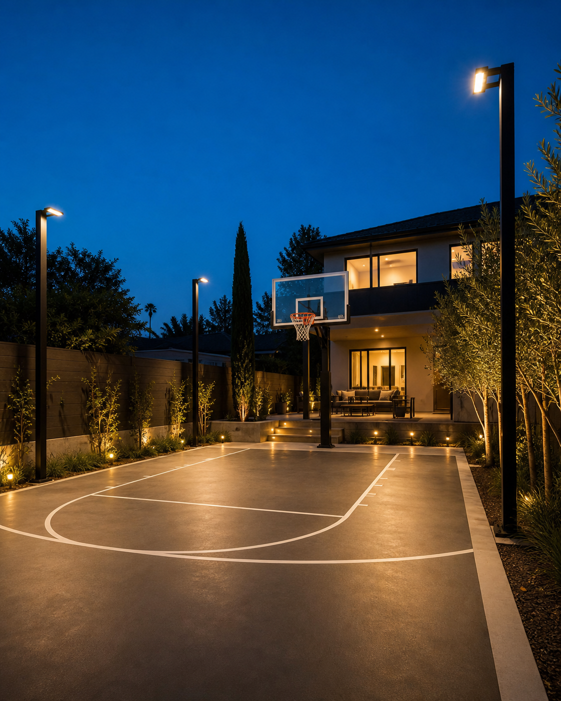Backyard basketball court with bright, even lighting