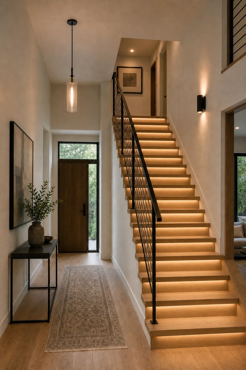Finished entry with layered stair, pendant, recessed, and wall lighting