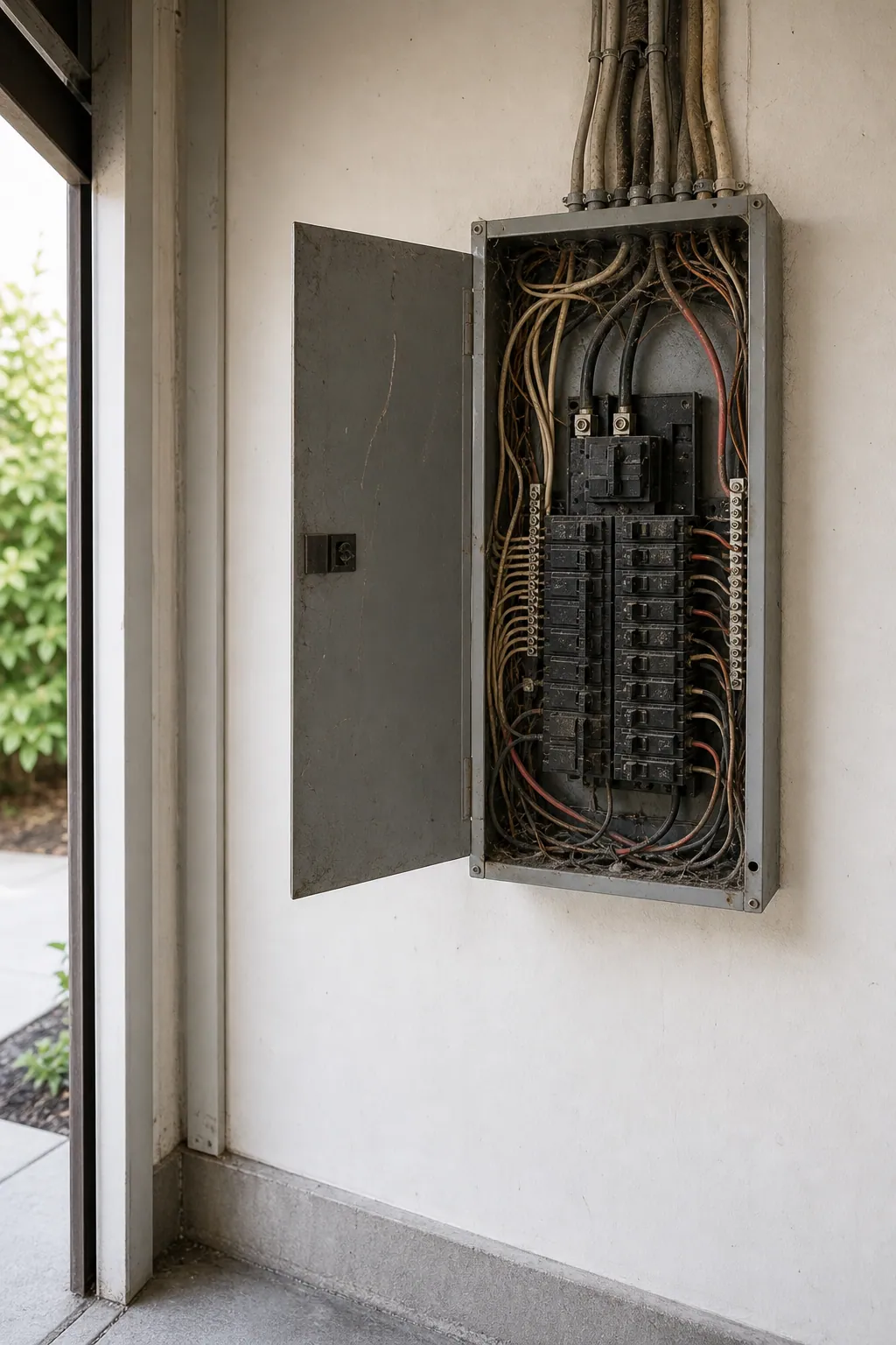 Old cluttered residential fuse box and dated electrical panel