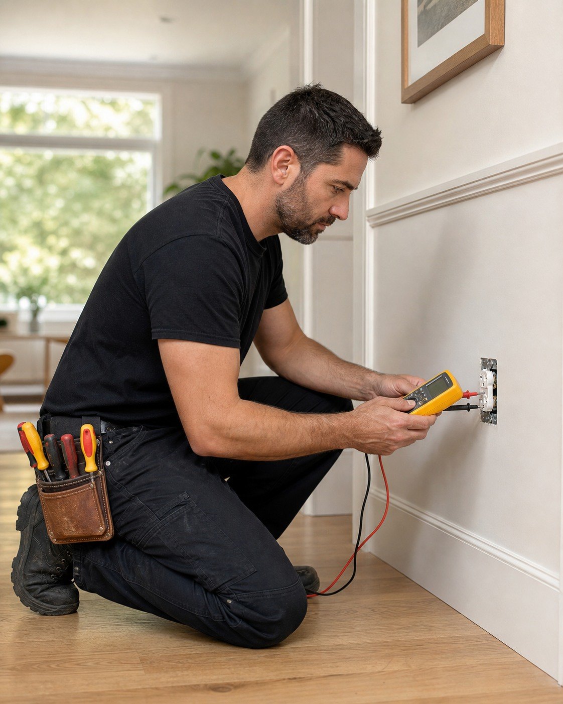 Electrician testing a wall outlet with a multimeter during troubleshooting